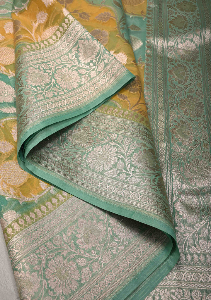 Mint Green-Yellow Leheria Pattern on Banarasi Semi Kora Saree with Floral Jaal and Zari Border