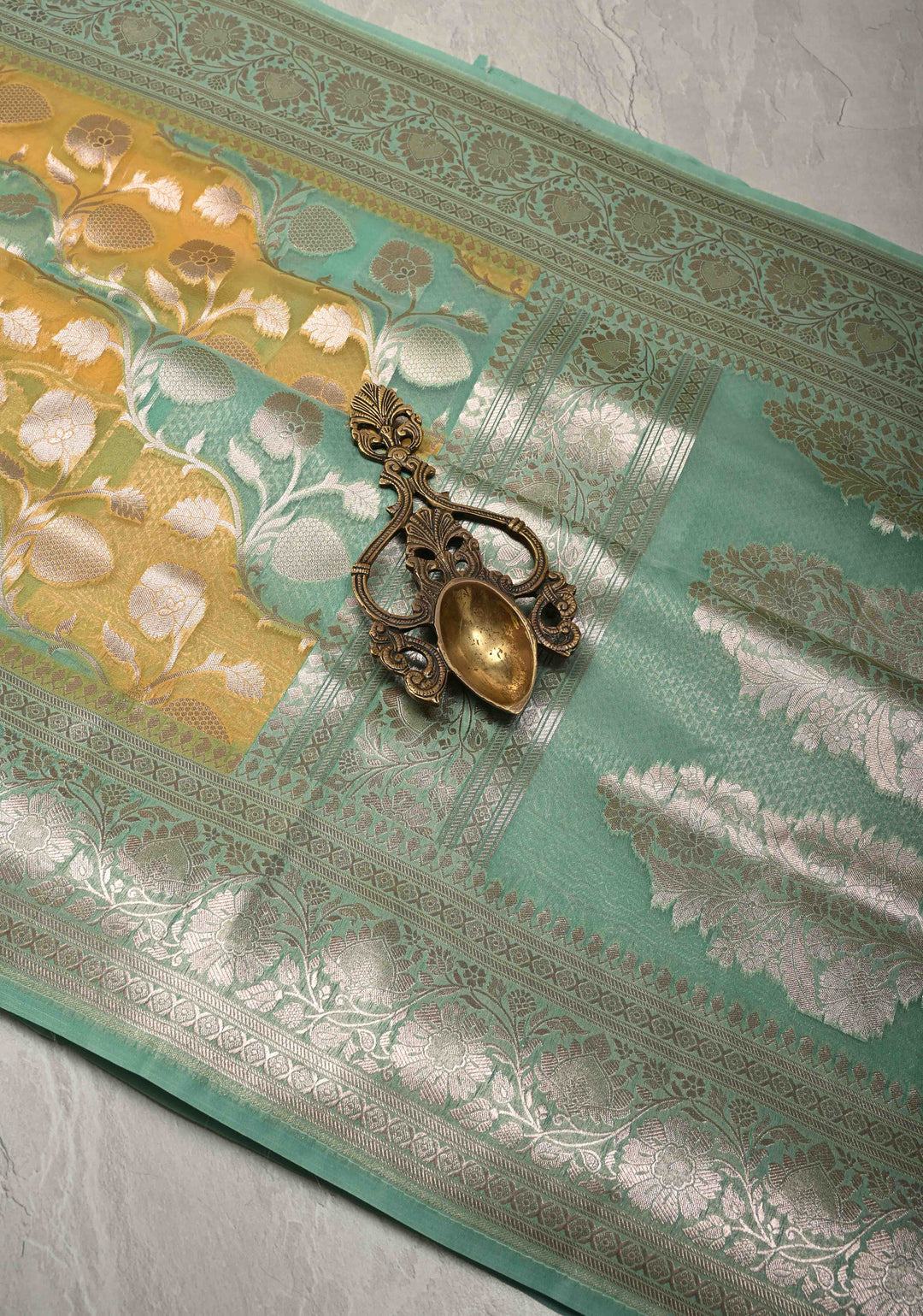 Mint Green-Yellow Leheria Pattern on Banarasi Semi Kora Saree with Floral Jaal and Zari Border