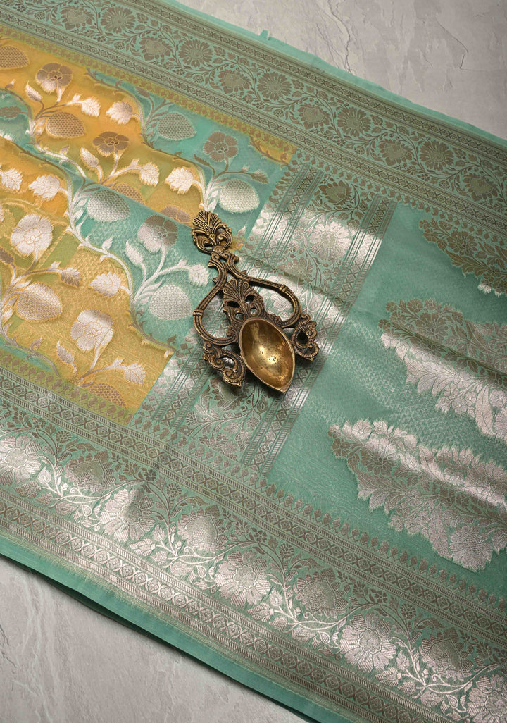 Mint Green-Yellow Leheria Pattern on Banarasi Semi Kora Saree with Floral Jaal and Zari Border