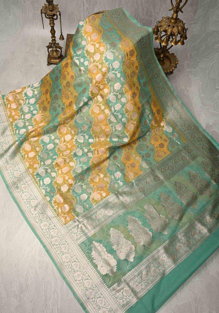 Mint Green-Yellow Leheria Pattern on Banarasi Semi Kora Saree with Floral Jaal and Zari Border