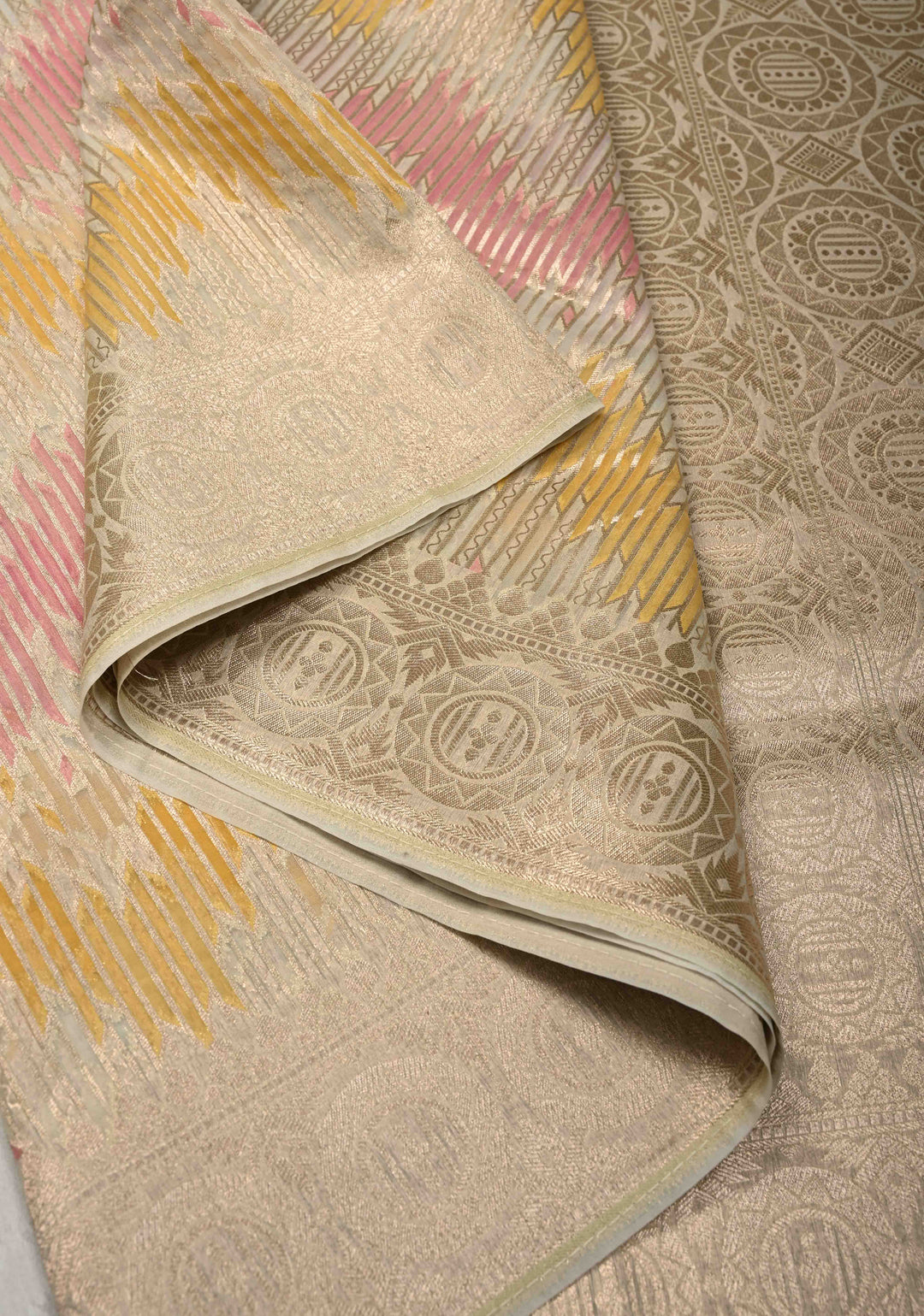 Pastel Hued Rangkaat Style on Banarasi Semi Kora Saree with Chevron Pattern and Zari Border