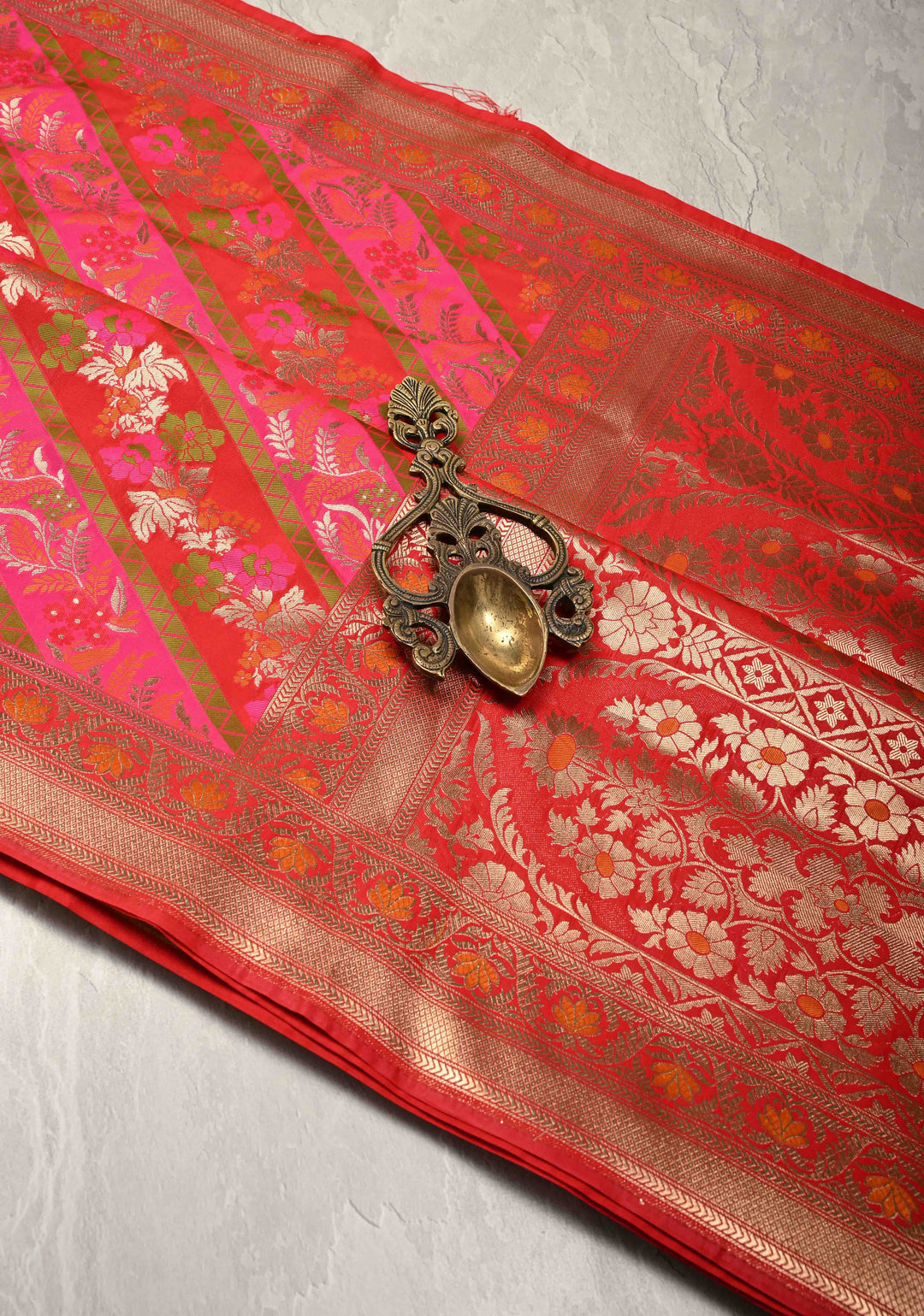 Red-Pink Rangkaat Style on Semi Silk Saree with Meenakari Diagonal Stripes and Zari Border