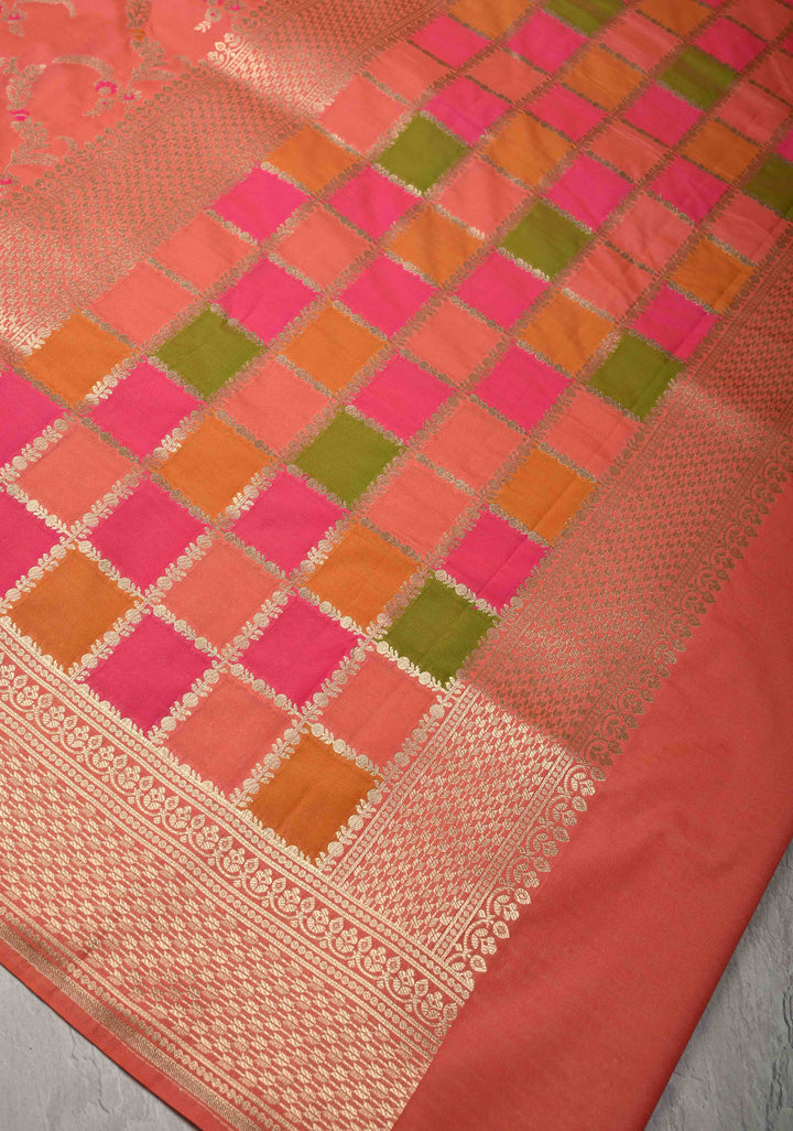 Peach Orange Semi Silk Saree with Meenakari Jaal and Zari Border