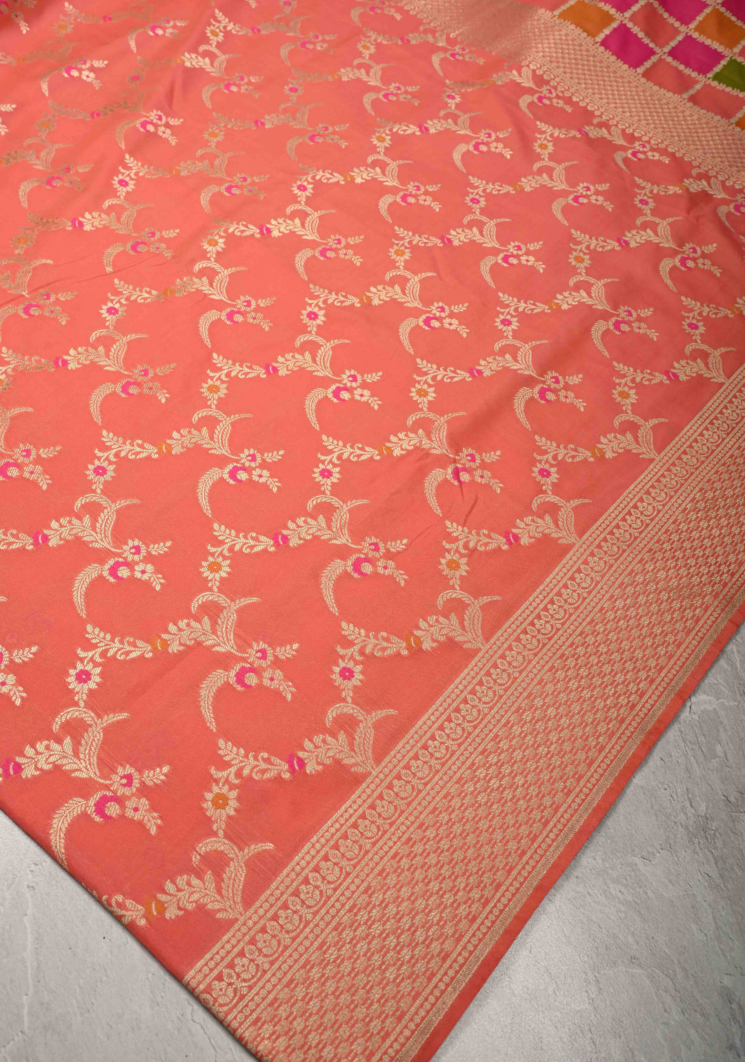 Peach Orange Semi Silk Saree with Meenakari Jaal and Zari Border