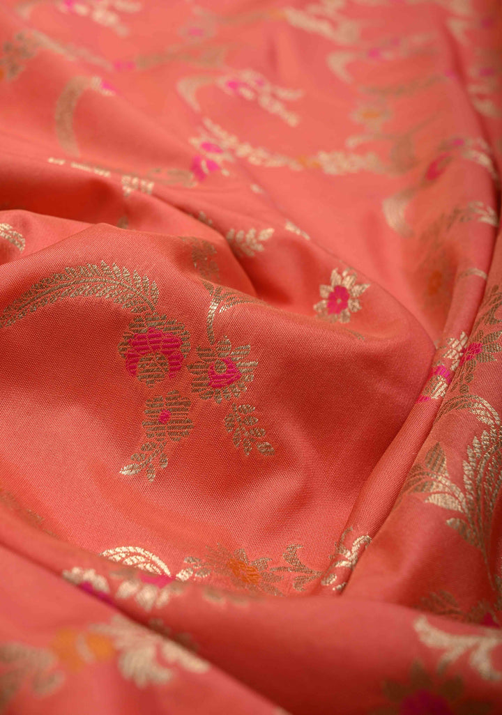 Peach Orange Semi Silk Saree with Meenakari Jaal and Zari Border