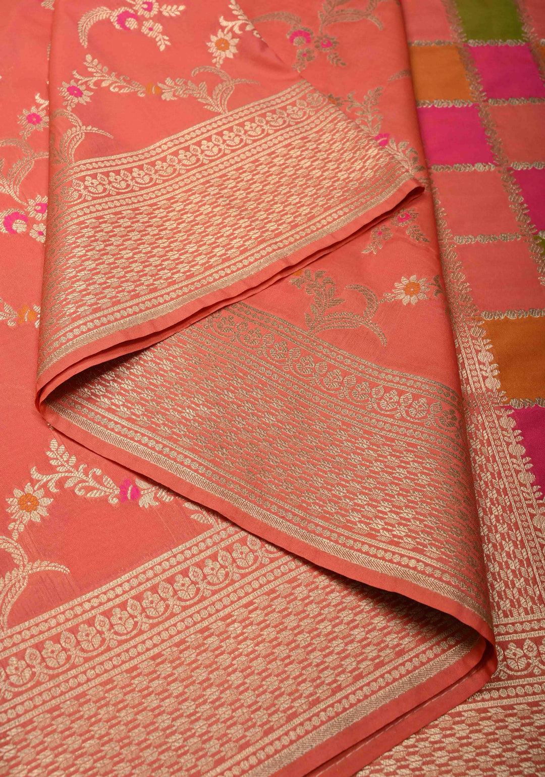 Peach Orange Semi Silk Saree with Meenakari Jaal and Zari Border