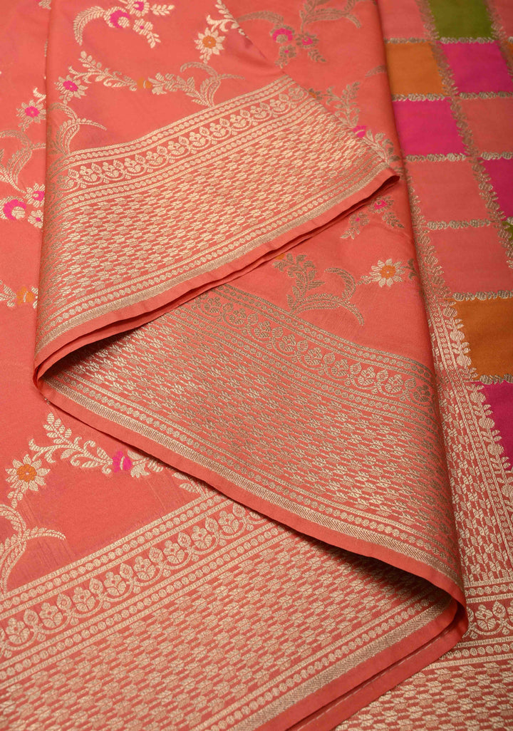 Peach Orange Semi Silk Saree with Meenakari Jaal and Zari Border