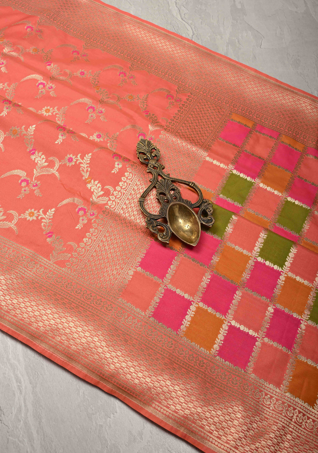 Peach Orange Semi Silk Saree with Meenakari Jaal and Zari Border