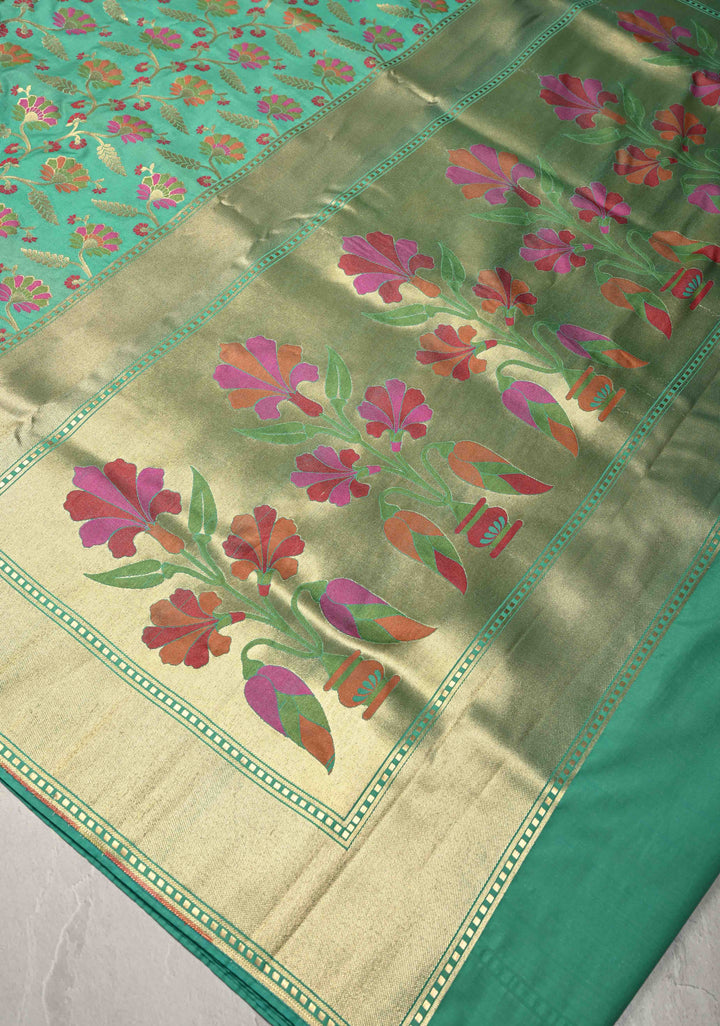 Sea Green Semi Silk Saree with Meenakari Floral Jaal and Zari Border