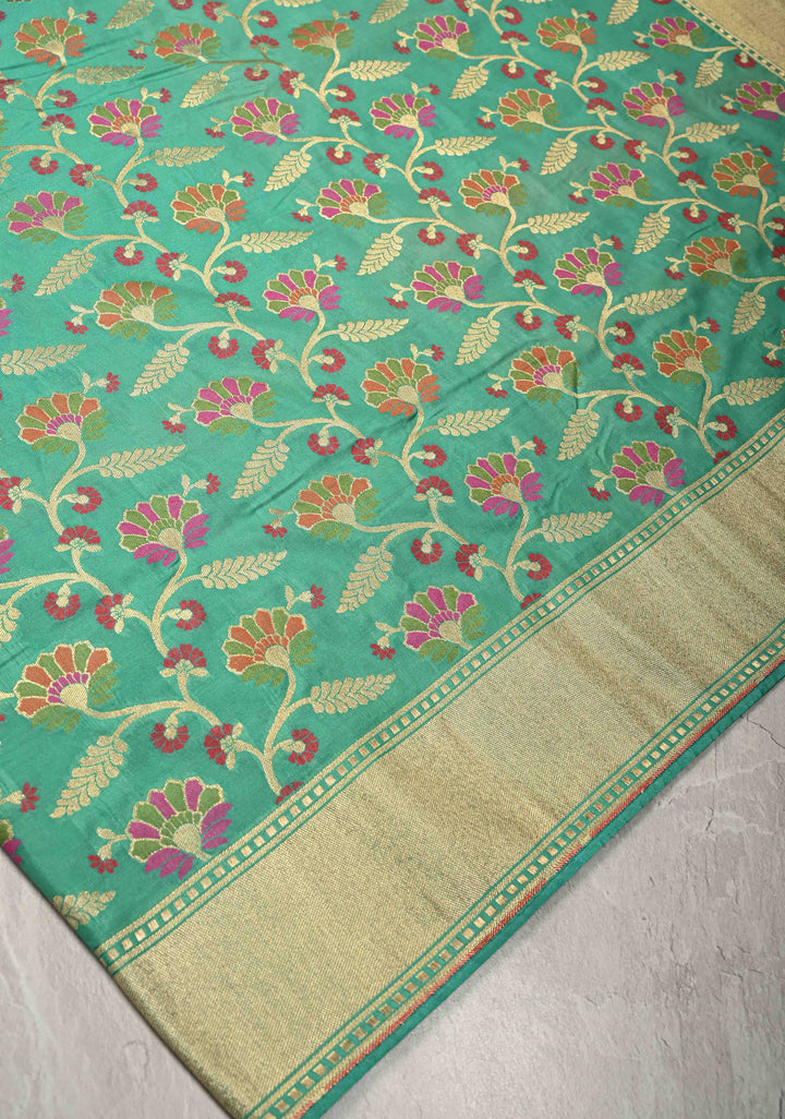 Sea Green Semi Silk Saree with Meenakari Floral Jaal and Zari Border