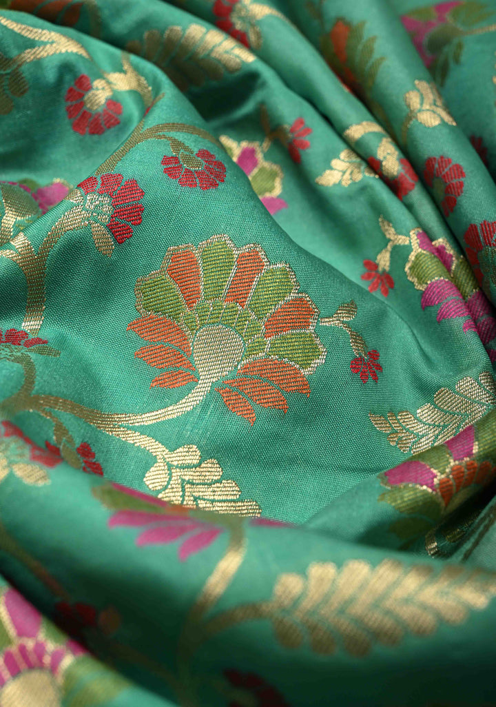 Sea Green Semi Silk Saree with Meenakari Floral Jaal and Zari Border