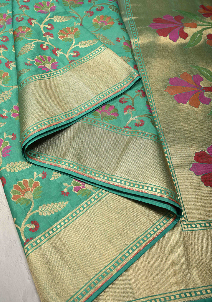 Sea Green Semi Silk Saree with Meenakari Floral Jaal and Zari Border
