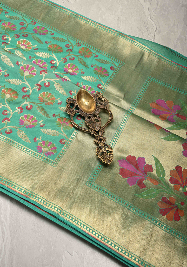 Sea Green Semi Silk Saree with Meenakari Floral Jaal and Zari Border