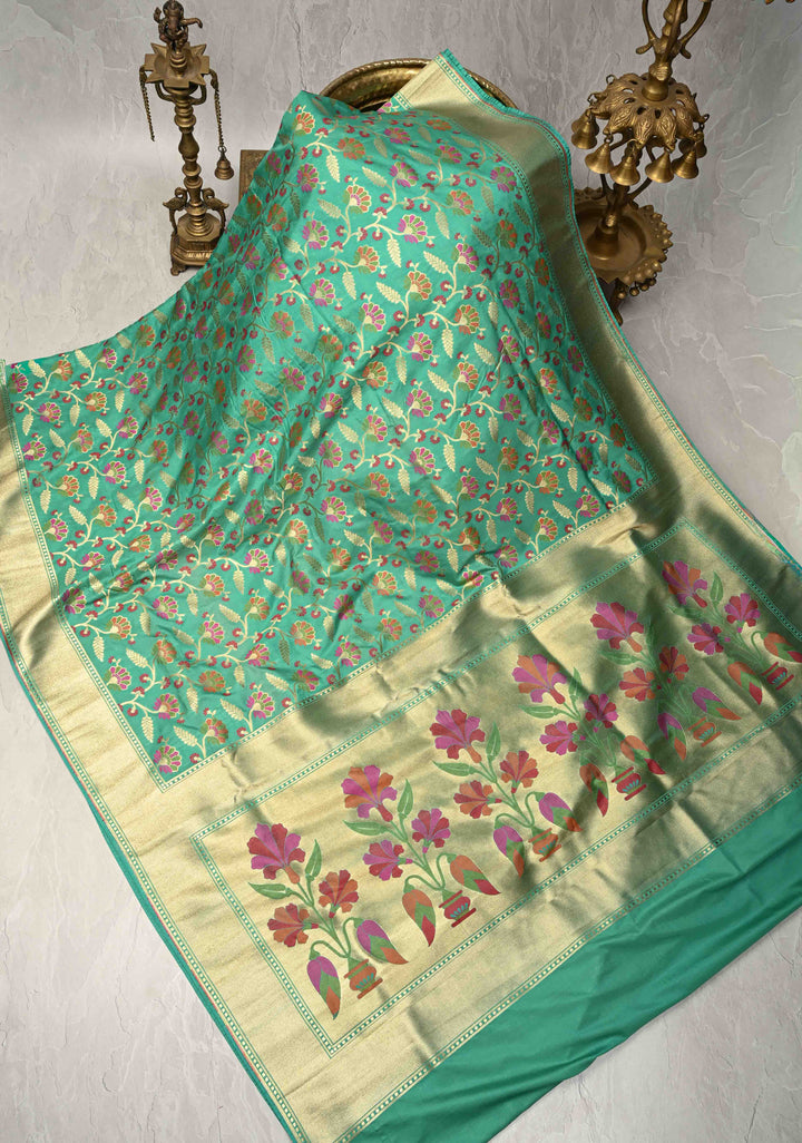 Sea Green Semi Silk Saree with Meenakari Floral Jaal and Zari Border