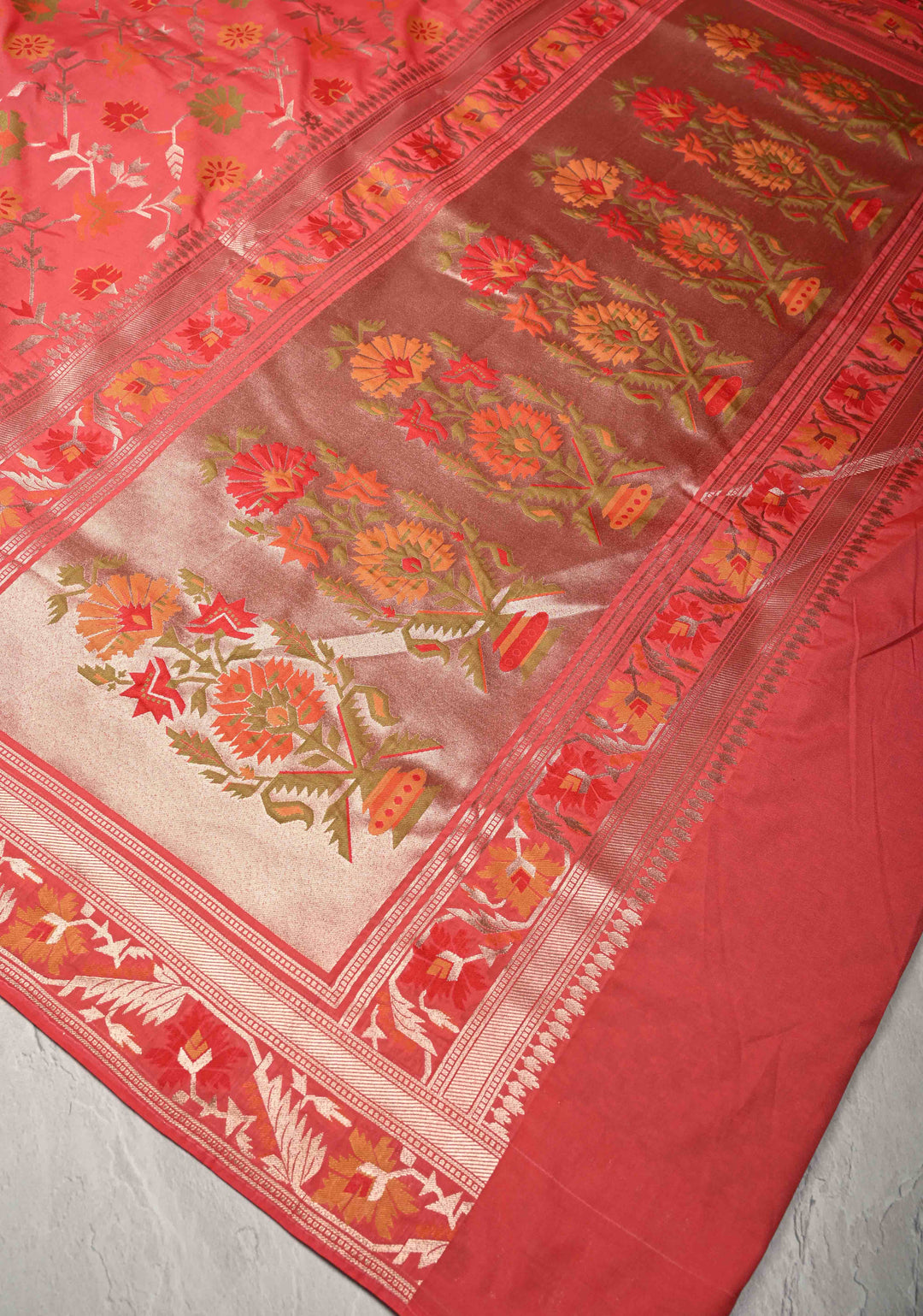 Coral Pink Semi Silk Saree with Meenakari Trellis Jaal and Zari Border