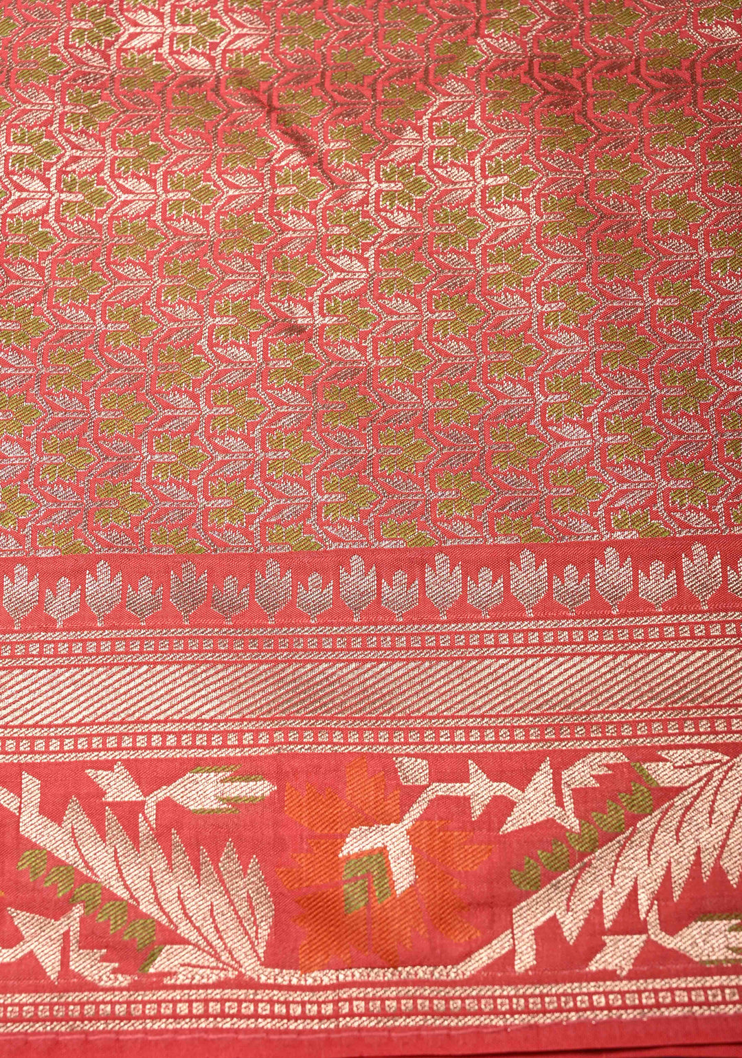 Coral Pink Semi Silk Saree with Meenakari Trellis Jaal and Zari Border