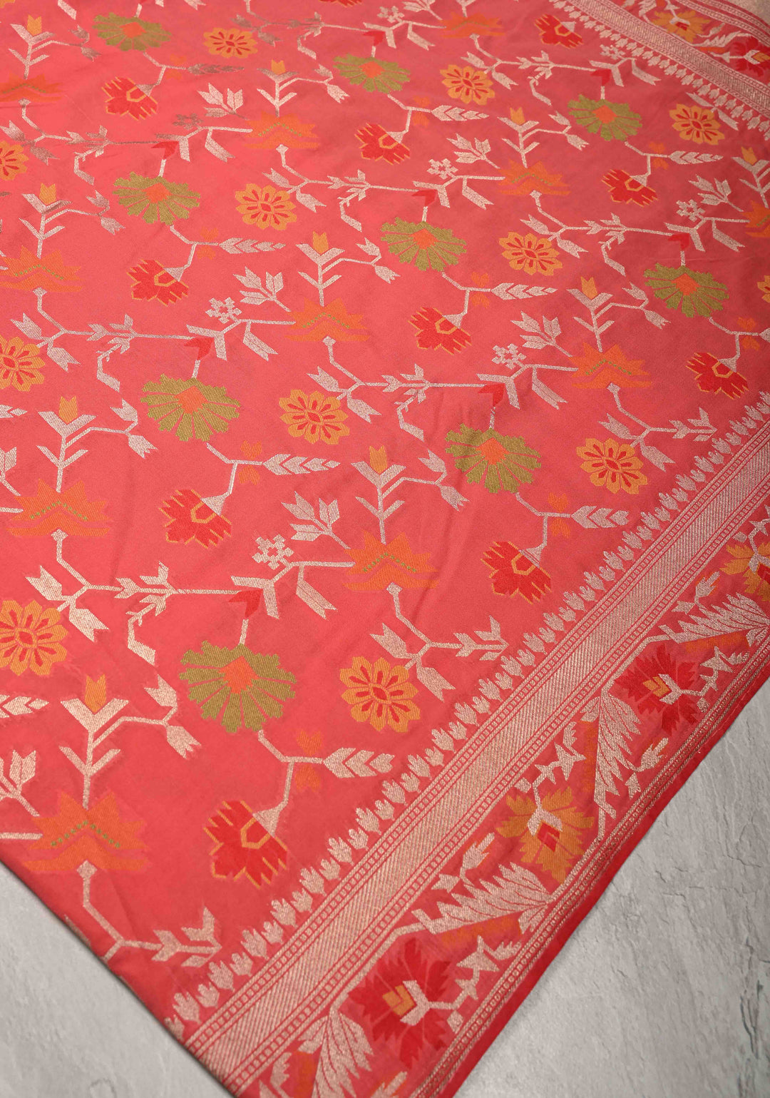 Coral Pink Semi Silk Saree with Meenakari Trellis Jaal and Zari Border