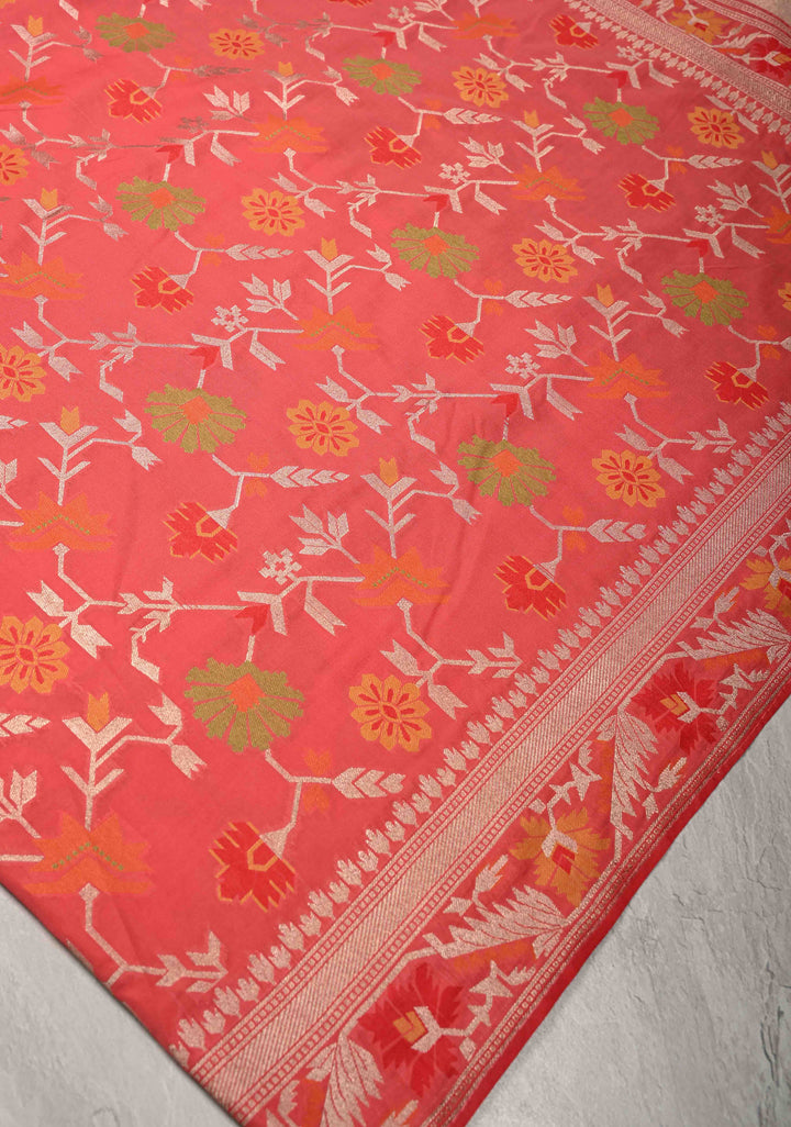 Coral Pink Semi Silk Saree with Meenakari Trellis Jaal and Zari Border