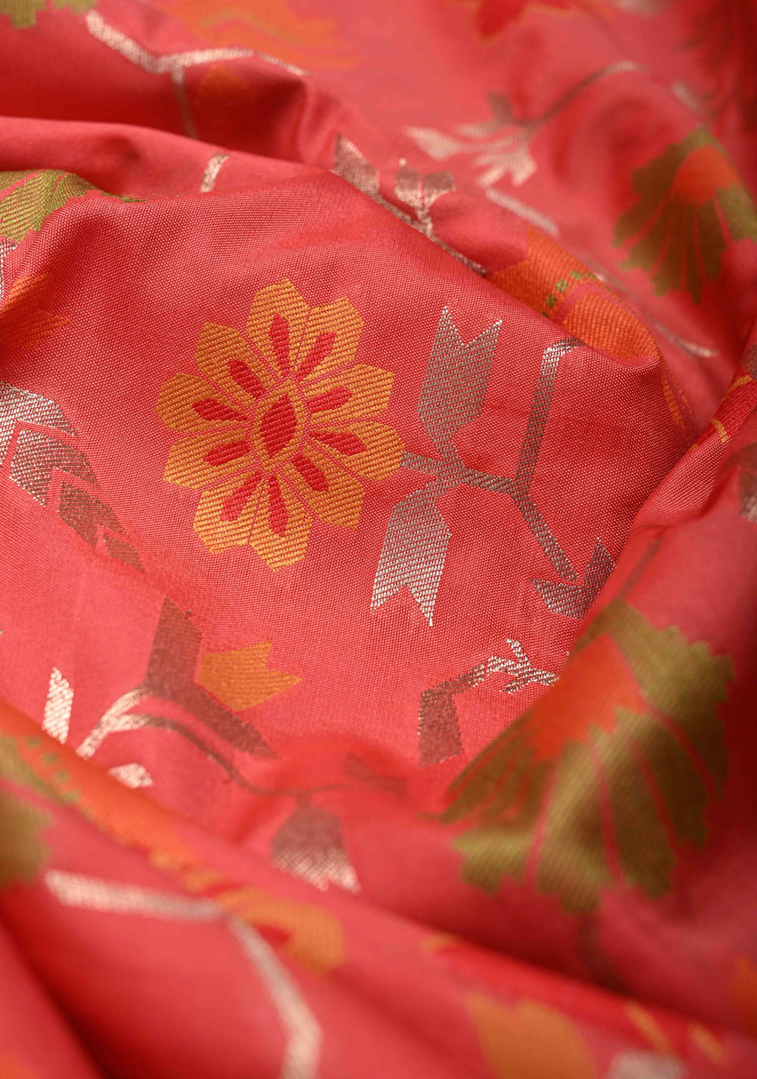 Coral Pink Semi Silk Saree with Meenakari Trellis Jaal and Zari Border