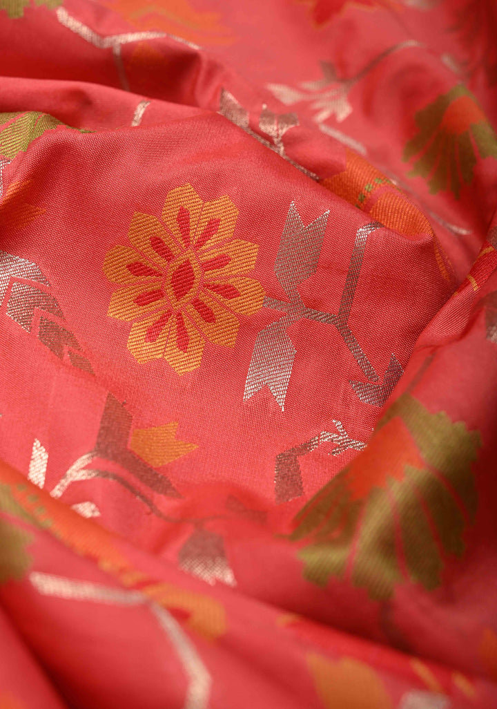 Coral Pink Semi Silk Saree with Meenakari Trellis Jaal and Zari Border