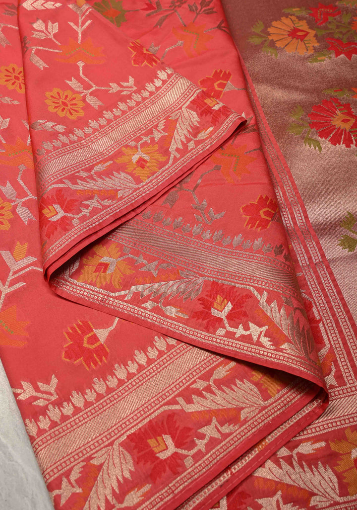 Coral Pink Semi Silk Saree with Meenakari Trellis Jaal and Zari Border