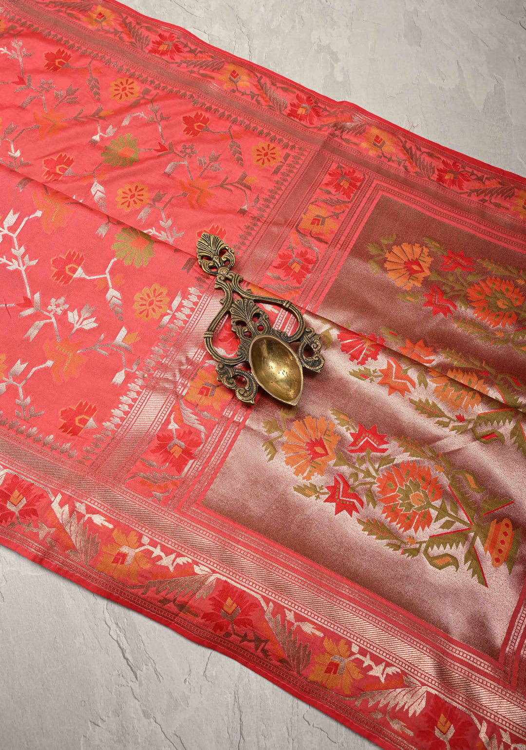 Coral Pink Semi Silk Saree with Meenakari Trellis Jaal and Zari Border