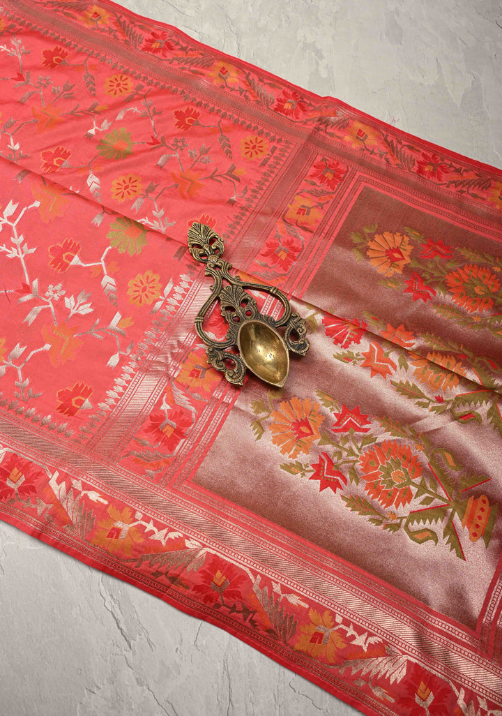 Coral Pink Semi Silk Saree with Meenakari Trellis Jaal and Zari Border