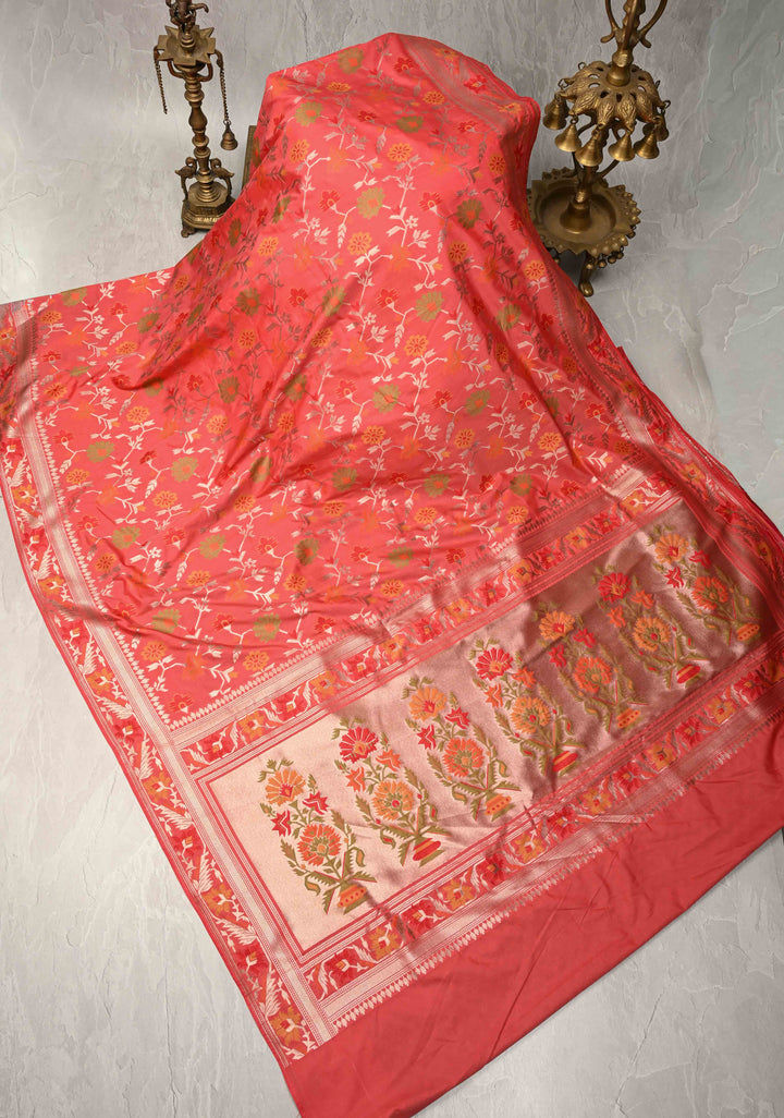 Coral Pink Semi Silk Saree with Meenakari Trellis Jaal and Zari Border