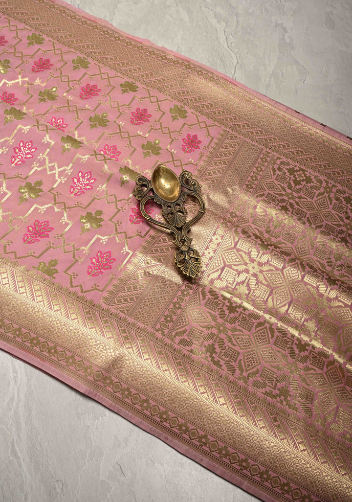 Dusty Rose Semi Silk Saree with Meenakari Trellis Jaal and Zari Border