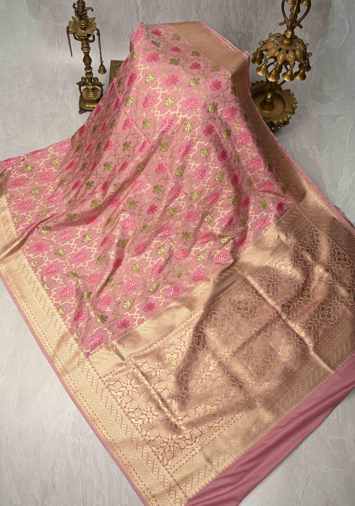 Dusty Rose Semi Silk Saree with Meenakari Trellis Jaal and Zari Border