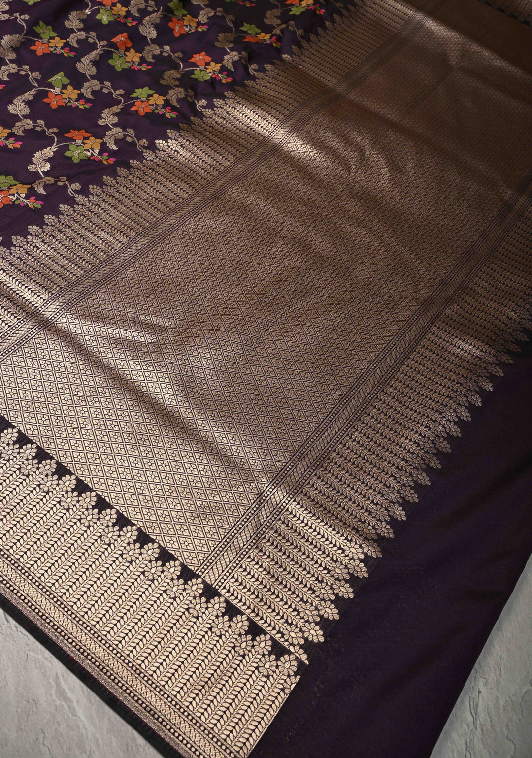 Deep Purple Semi Silk Saree with Floral Meenakari Jaal and Zari Border