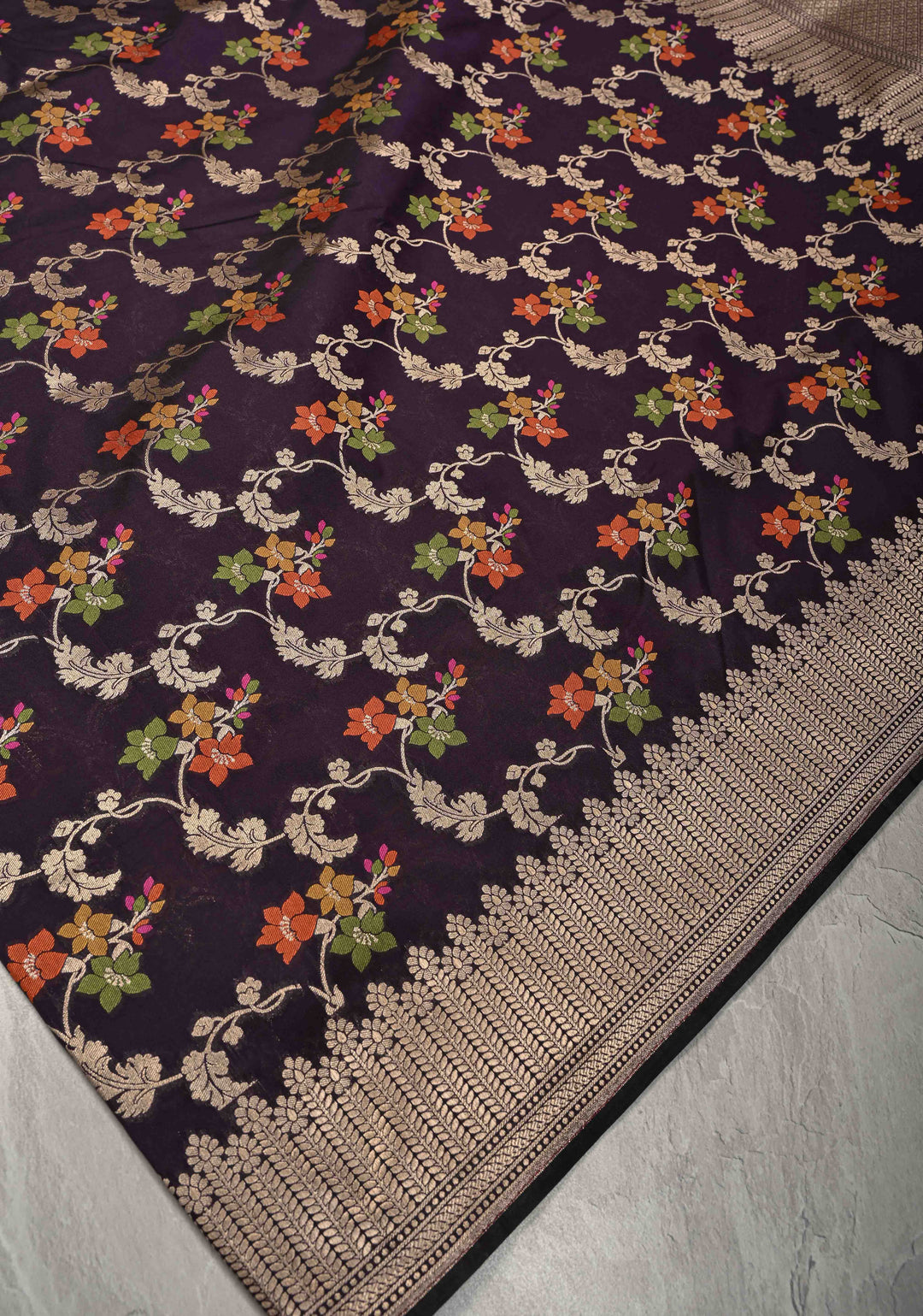 Deep Purple Semi Silk Saree with Floral Meenakari Jaal and Zari Border