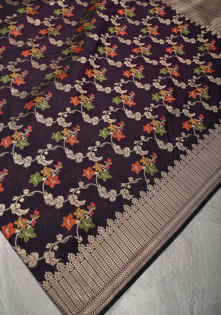 Deep Purple Semi Silk Saree with Floral Meenakari Jaal and Zari Border