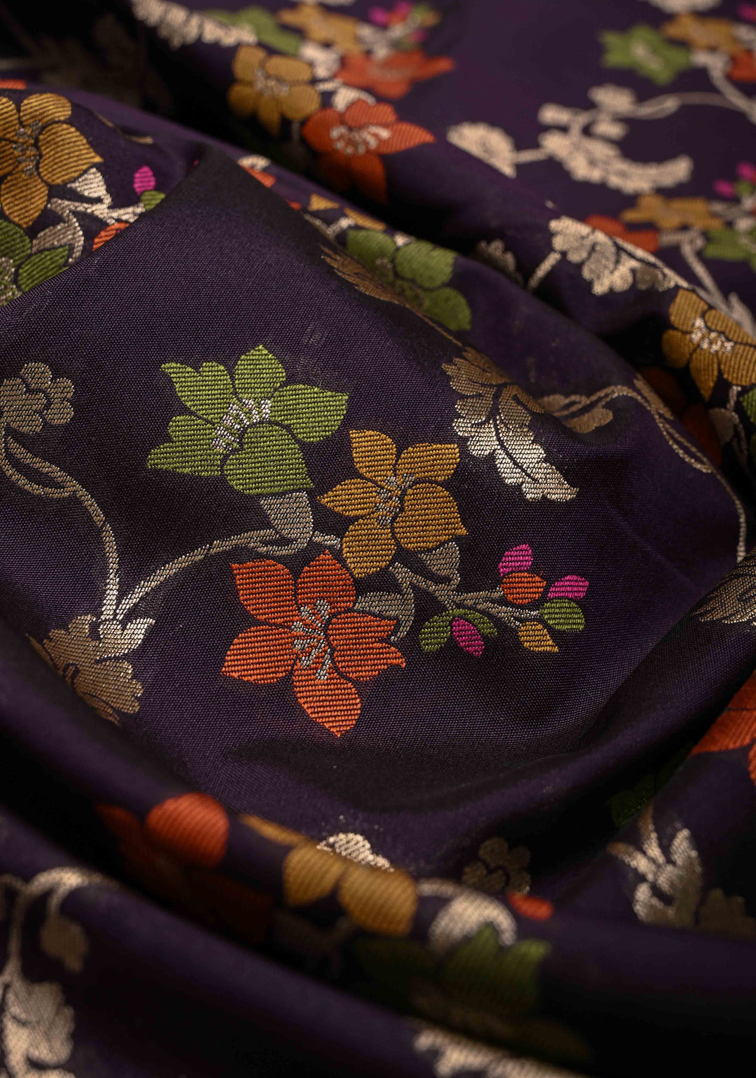 Deep Purple Semi Silk Saree with Floral Meenakari Jaal and Zari Border