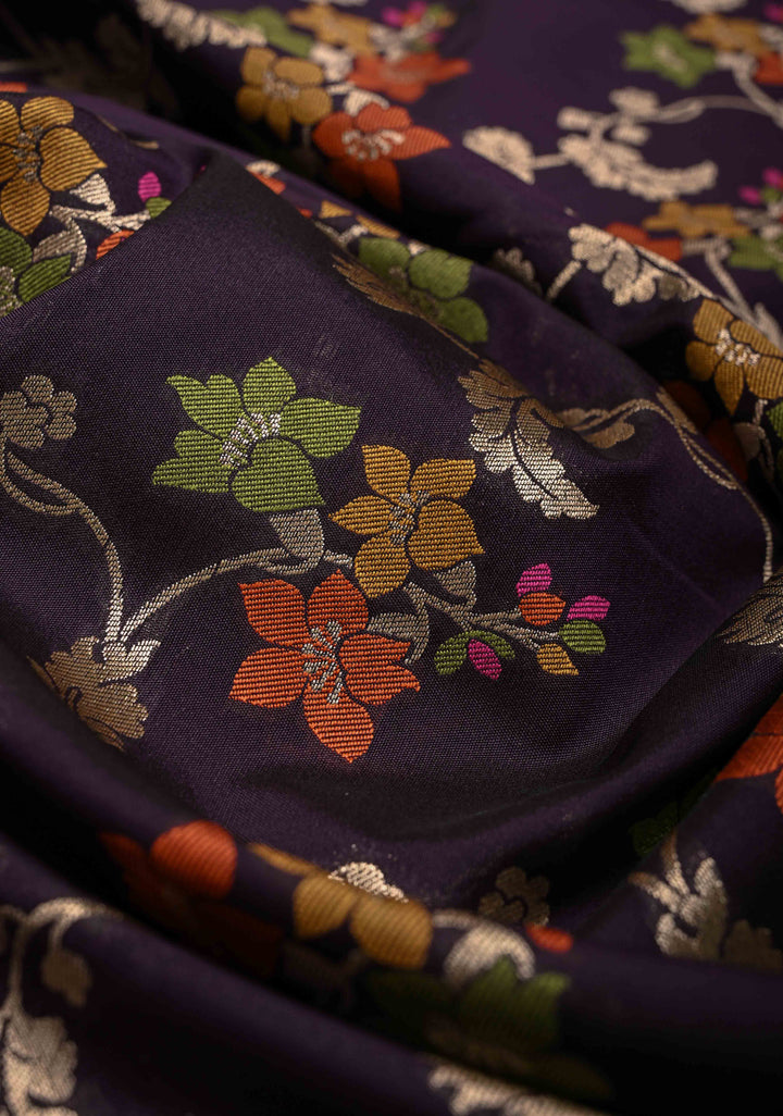 Deep Purple Semi Silk Saree with Floral Meenakari Jaal and Zari Border