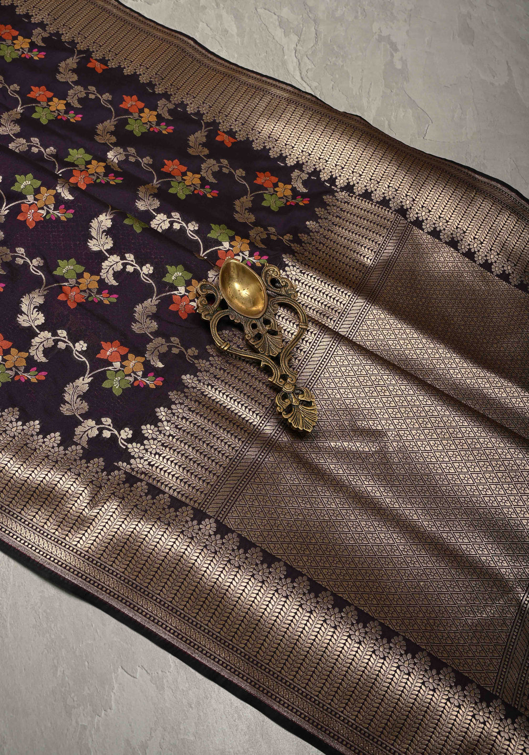 Deep Purple Semi Silk Saree with Floral Meenakari Jaal and Zari Border
