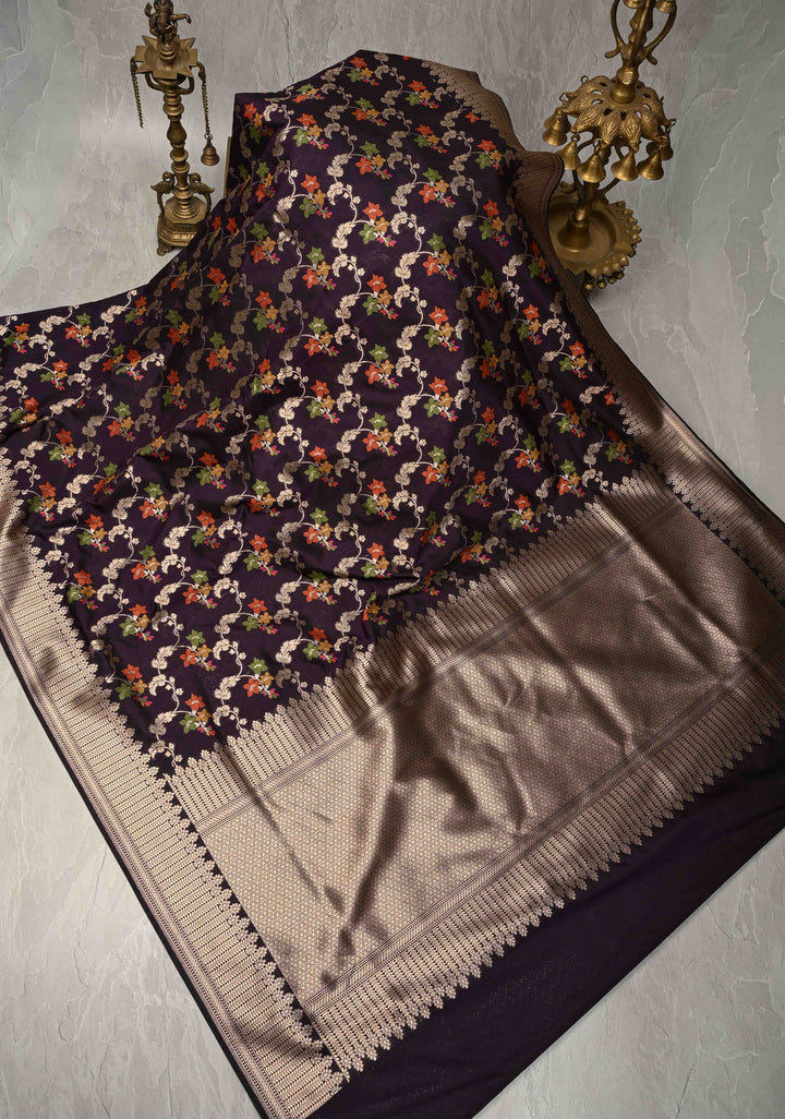 Deep Purple Semi Silk Saree with Floral Meenakari Jaal and Zari Border