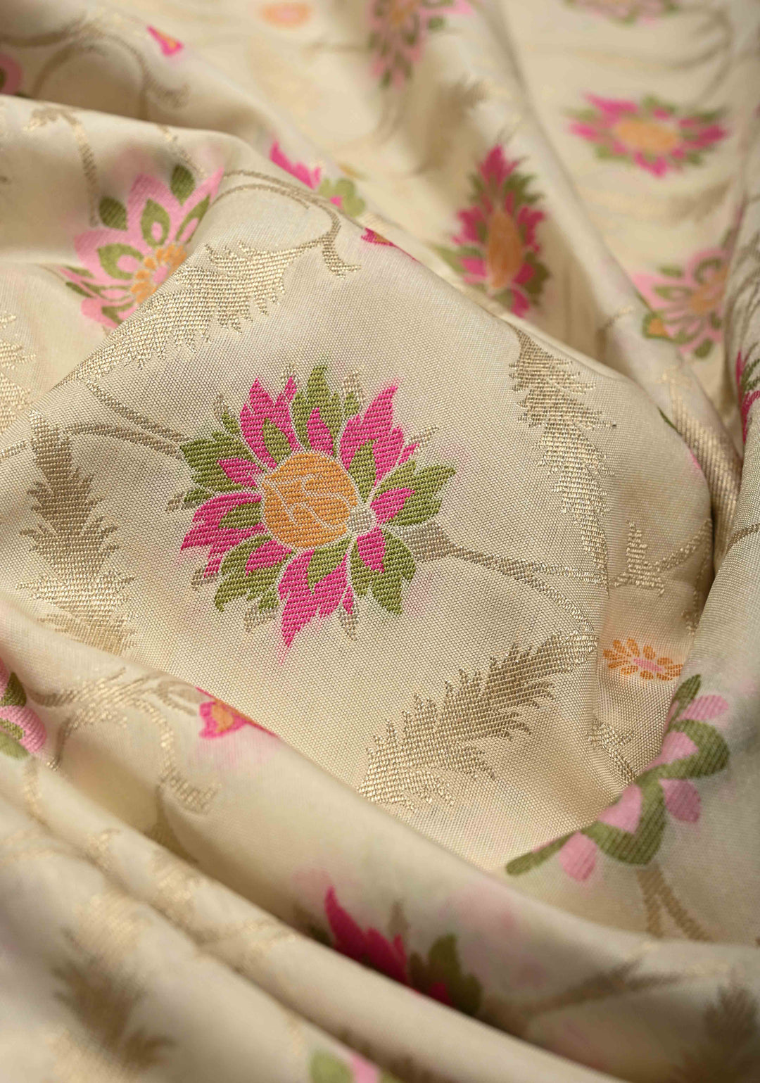 Ivory Moroccan Jaal on Semi Silk Saree with Floral Meenakari Buttas and Zari Border