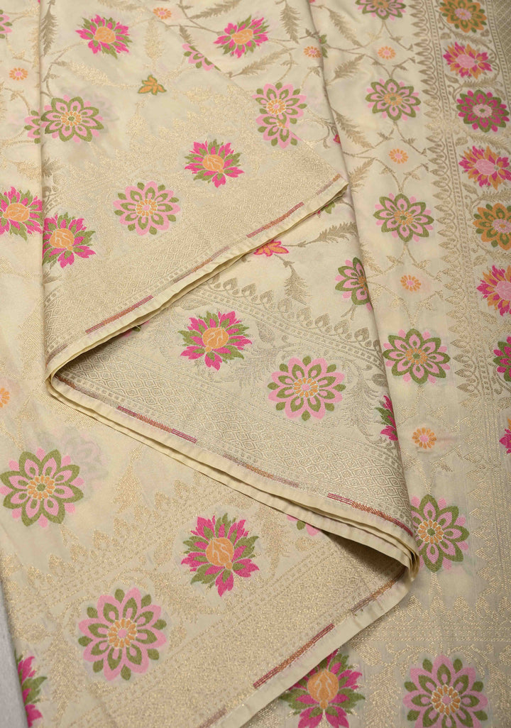 Ivory Moroccan Jaal on Semi Silk Saree with Floral Meenakari Buttas and Zari Border