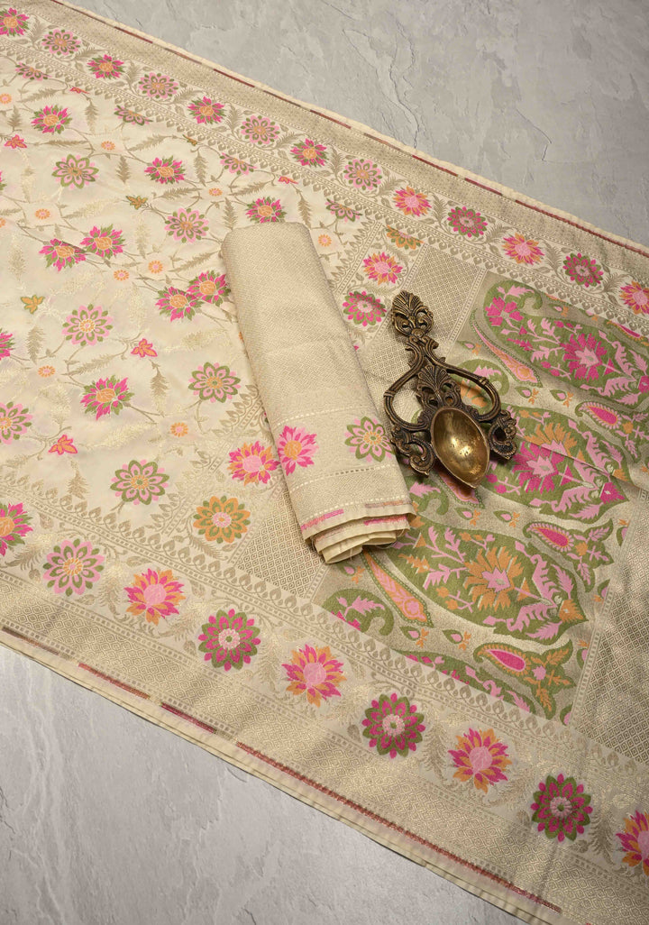 Ivory Moroccan Jaal on Semi Silk Saree with Floral Meenakari Buttas and Zari Border