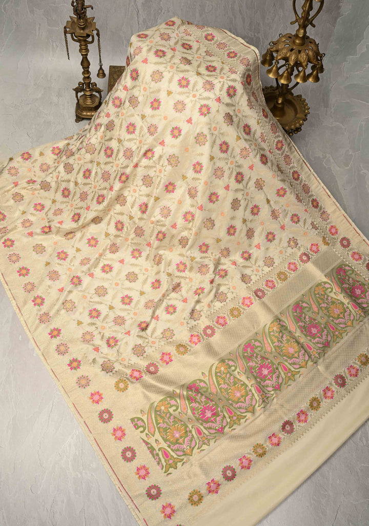 Ivory Moroccan Jaal on Semi Silk Saree with Floral Meenakari Buttas and Zari Border