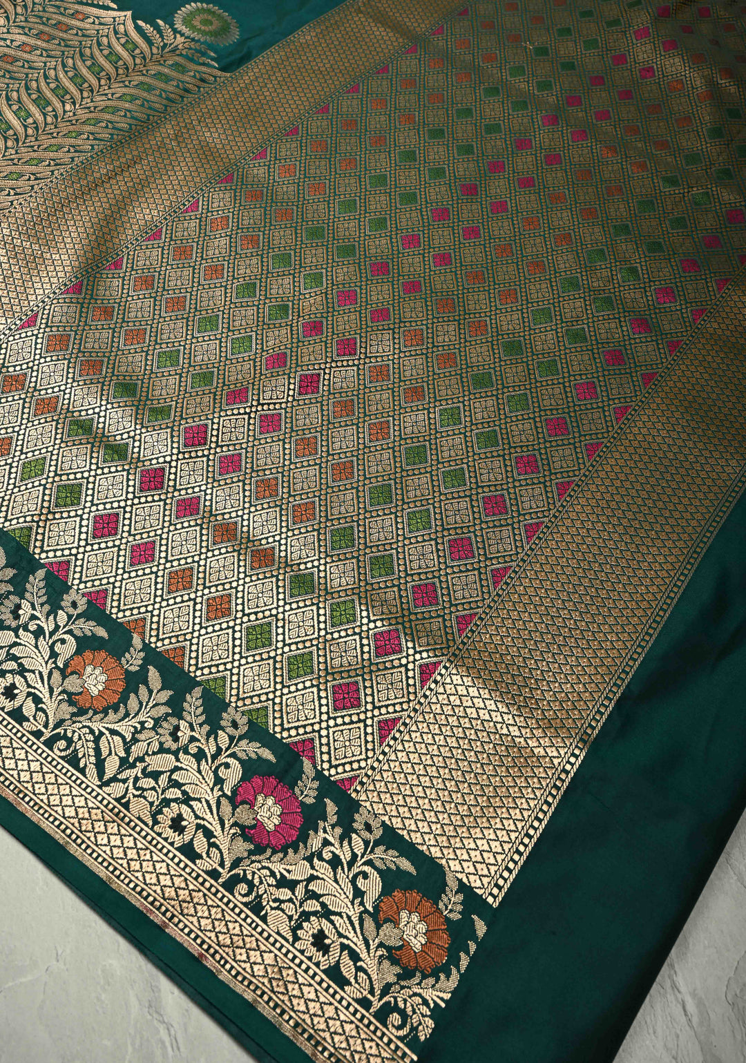 Dark Green Semi Mashru Silk Saree with Meenakari Zari Brocade Panel and Floral Border