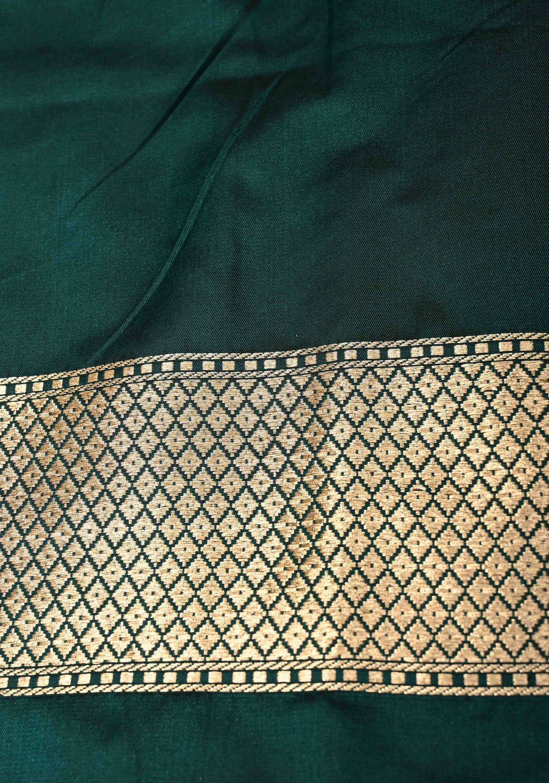 Dark Green Semi Mashru Silk Saree with Meenakari Zari Brocade Panel and Floral Border