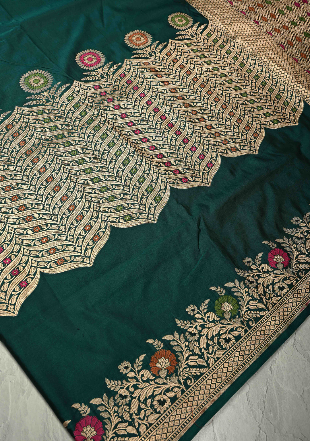 Dark Green Semi Mashru Silk Saree with Meenakari Zari Brocade Panel and Floral Border