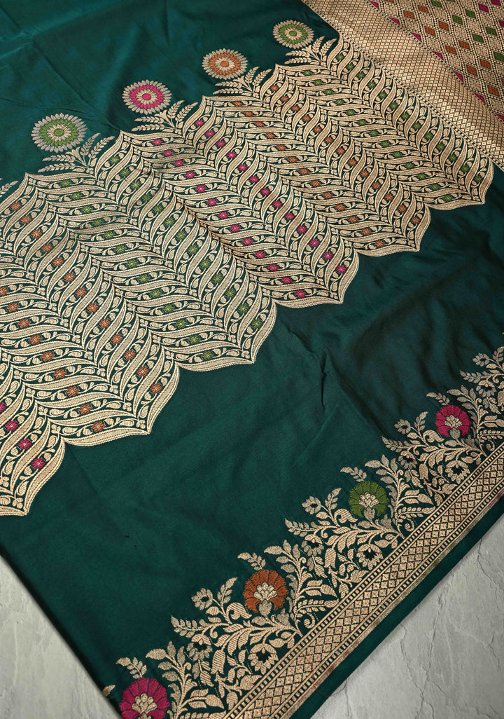 Dark Green Semi Mashru Silk Saree with Meenakari Zari Brocade Panel and Floral Border