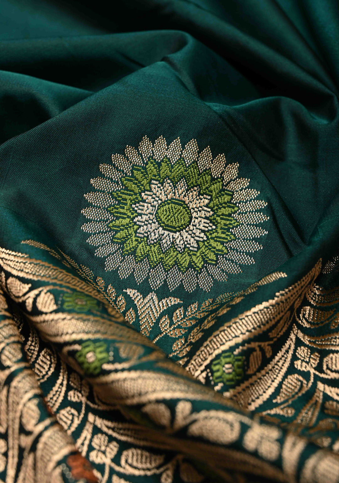 Dark Green Semi Mashru Silk Saree with Meenakari Zari Brocade Panel and Floral Border