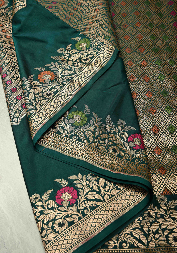 Dark Green Semi Mashru Silk Saree with Meenakari Zari Brocade Panel and Floral Border