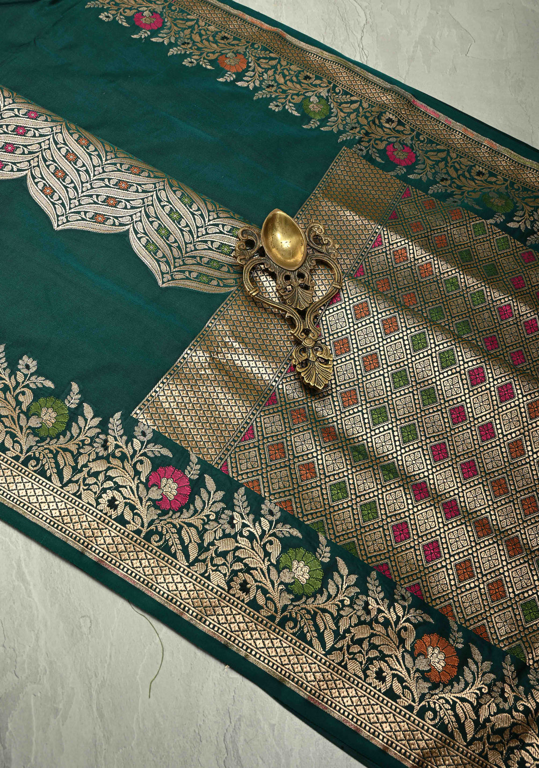 Dark Green Semi Mashru Silk Saree with Meenakari Zari Brocade Panel and Floral Border