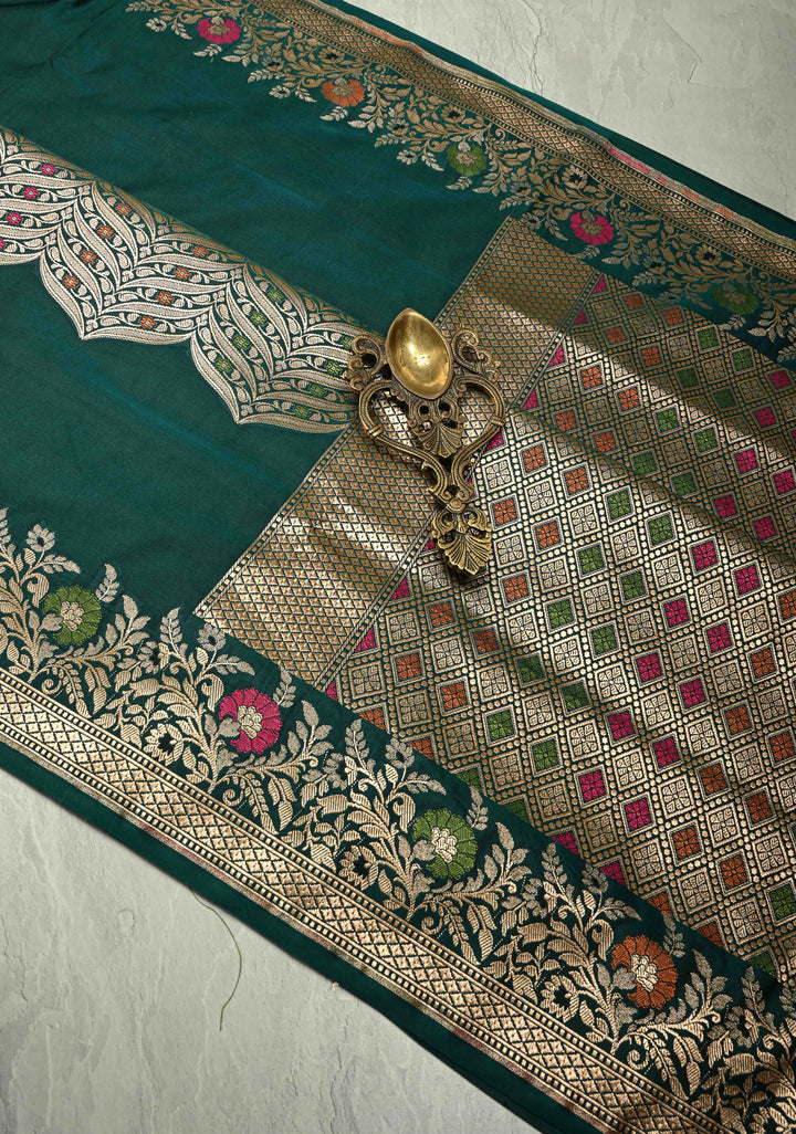 Dark Green Semi Mashru Silk Saree with Meenakari Zari Brocade Panel and Floral Border