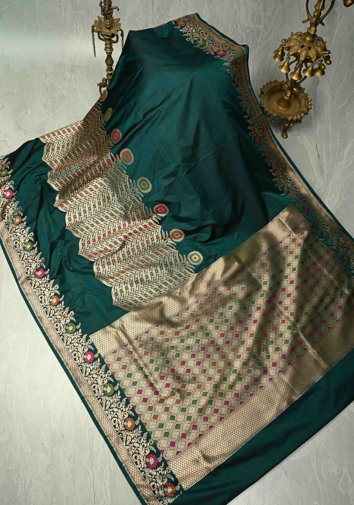 Dark Green Semi Mashru Silk Saree with Meenakari Zari Brocade Panel and Floral Border